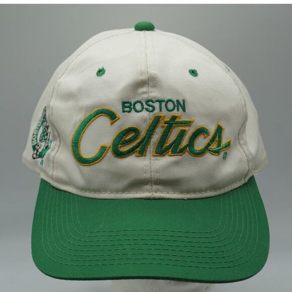 Vintage 90s Sports Specialties Script Boston Celtics NBA White Snapback Hat Cap